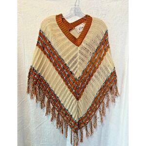 Intrigue Boho Fringe Knit Poncho V-Neck Earth Tones Soft Cozy Open Weave